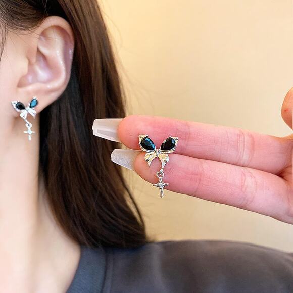 Gothic Black Butterfly Bow Dangling Cross Charm Earrings - Picture 1 of 5